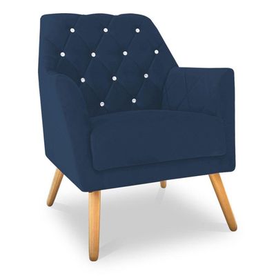 Poltrona Velvet Strass Veludo Pés De Madeira - Pallazio Cor Azul Marinho