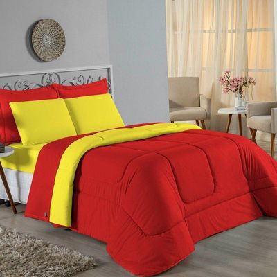 Kit Edredom Dupla Face + Jogo De Lençol Solteiro Nobre 5 Peças Malha 100% Algodão - Vermelho / Amarelo