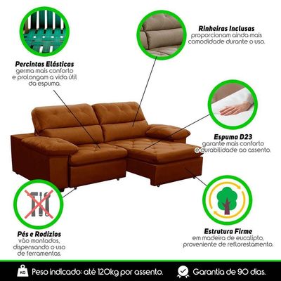 Sofa Retratil Reclinavel 2 Lugares 2,50m Crystal Veludo Laranjado Lansofbr