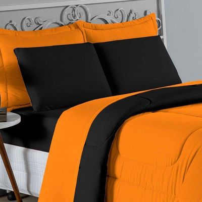 Kit Edredom Dupla Face + Jogo De Lençol Solteiro Nobre 5 Peças Malha 100% Algodão - Laranja / Preto