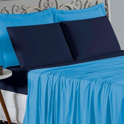 Jogo  Cama Casal Nobre 4 Peças Lençol  Elástico  30cm  Altura  100% Algodão  Turquesa  Azulmarinho