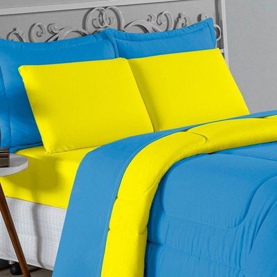Edredom Solteiro Nobre 1 Peça Dupla Face 1,60m X 2,40m Malha 100% Algodão - Turquesa / Amarelo