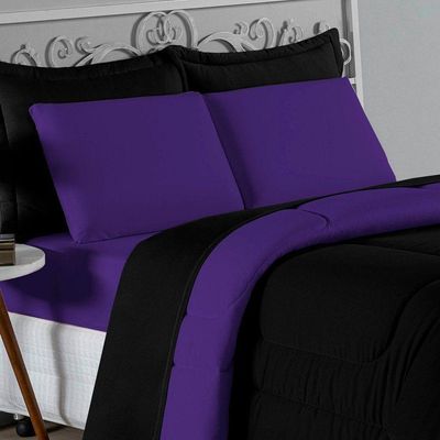 Kit Edredom Dupla Face + Jogo De Lençol Casal Viúva Nobre 6 Peças Malha 100% Algodão - Preto / Roxo