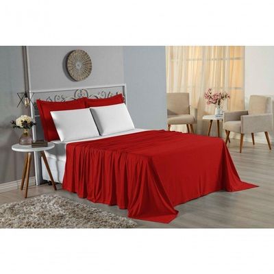 Jogo De Cama King Nobre 4 Peças Lençol Com Elástico De 30cm De Altura Malha 100% Algodão - Vermelho / Branco