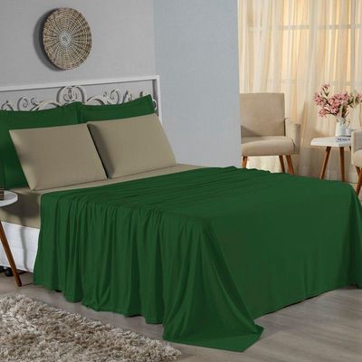 Jogo De Cama Queen Nobre 4 Peças Lençol Com Elástico De 30cm De Altura Malha 100% Algodão - Verde-bandeira / Avelã