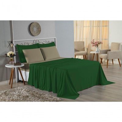 Jogo De Cama Queen Nobre 4 Peças Lençol Com Elástico De 30cm De Altura Malha 100% Algodão - Verde-bandeira / Avelã
