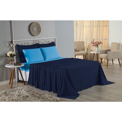 Jogo De Cama Casal Viúva Nobre 4 Peças Malha 100% Algodão - Azul-marinho / Turquesa