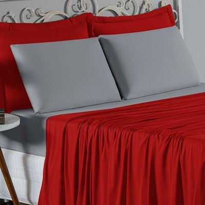 Jogo De Cama Casal Nobre 4 Peças Lençol Com Elástico De 30cm De Altura Malha 100% Algodão - Vermelho / Cinza