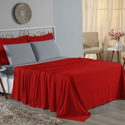 Jogo De Cama Casal Nobre 4 Peças Lençol Com Elástico De 30cm De Altura Malha 100% Algodão - Vermelho / Cinza
