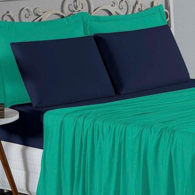 Jogo De Cama Casal Viúva Nobre 4 Peças Malha 100% Algodão - Jade / Azul-marinho