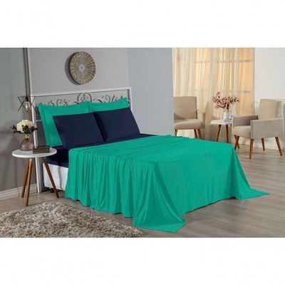 Jogo De Cama Casal Viúva Nobre 4 Peças Malha 100% Algodão - Jade / Azul-marinho