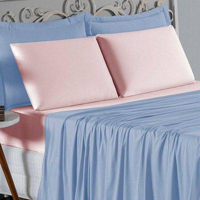 Jogo De Cama Casal Nobre 4 Peças Lençol Com Elástico De 30cm De Altura Malha 100% Algodão - Azul-bebê / Rosa