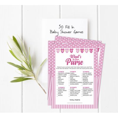 Pacote com 50, Coleção Chá de Bebê para Menina, Jogo 'O Que Há na Sua Bolsa', Atividades, Decorações Tema Poá e Laço - Inkdotpot 12,7 Cm × 17,78 Cm / Branco