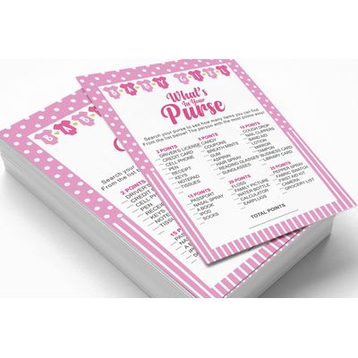 Pacote com 50, Coleção Chá de Bebê para Menina, Jogo 'O Que Há na Sua Bolsa', Atividades, Decorações Tema Poá e Laço - Inkdotpot 12,7 Cm × 17,78 Cm / Branco