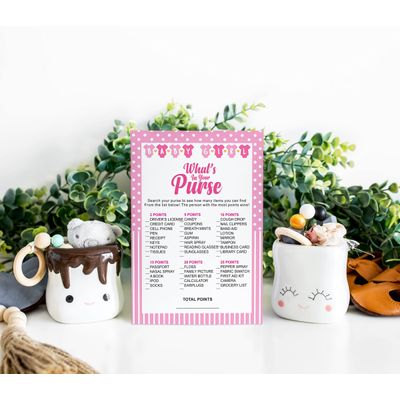 Pacote com 50, Coleção Chá de Bebê para Menina, Jogo 'O Que Há na Sua Bolsa', Atividades, Decorações Tema Poá e Laço - Inkdotpot 12,7 Cm × 17,78 Cm / Branco