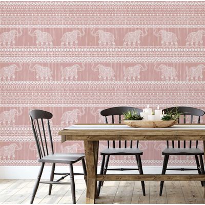 Papel de Parede Tribal Elefante Estilo Asiático Autoadesivo Vinílico, Decorativo, Fácil DIY para Quarto e Sala, Rosa - S4Sassy 63,5 cm (L) × 304,8 cm (C) / Rosa - Vinil Liso