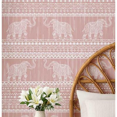 Papel de Parede Tribal Elefante Estilo Asiático Autoadesivo Vinílico, Decorativo, Fácil DIY para Quarto e Sala, Rosa - S4Sassy 63,5 cm (L) × 304,8 cm (C) / Rosa - Vinil Liso