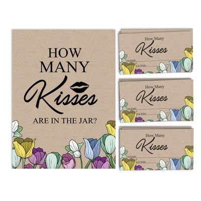 50 Cartões Quadrados Kraft Florais Rústicos em Branco para Preencher Ideias de Presente - Chá de Casamento e Despedida - Inkdotpot 8,89 Cm × 5,08 Cm / Branco - Quantos Beijos?