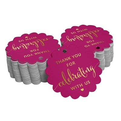 Etiquetas de Papel Metalizado 'Obrigado por Celebrar Conosco' - Chá de Bebê/Noiva/Casamento/Aposentadoria/Aniversário - Inkdotpot 100 Etiquetas Metalizadas / Rosa - Dourado