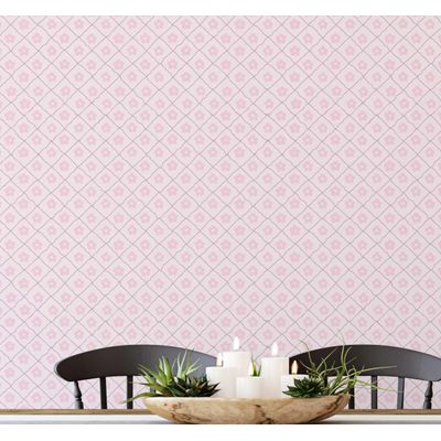 Papel de Parede Vinílico Rosa Autoadesivo Removível, Xadrez Floral Pequeno, Mural Asiático para Banheiro, Lavanderia e Closet - S4Sassy 63,5 cm (L) × 304,8 cm (C) / Rosa - Vinil Texturizado