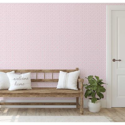 Papel de Parede Vinílico Rosa Autoadesivo Removível, Xadrez Floral Pequeno, Mural Asiático para Banheiro, Lavanderia e Closet - S4Sassy 63,5 cm (L) × 304,8 cm (C) / Rosa - Vinil Texturizado