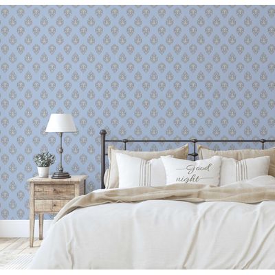Papel de Parede Boho Estampa em Bloco, Estilo Asiático, Vinil Autoadesivo, Revestimento Decorativo Fácil para Quarto e Sala - Azul - S4Sassy 63,5 cm (L) × 914,4 cm (C) / Azul - Vinil Texturizado
