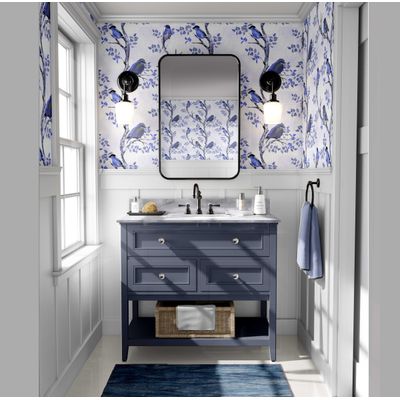 Papel de Parede Autoadesivo Removível Azul com Pássaros em Galho, Vinil DIY para Parede de Destaque na Entrada, Decoração - S4sassy 63,5 cm (L) × 914,4 cm (C) / Azul - Vinil Liso