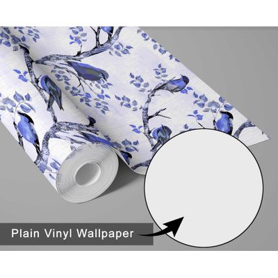 Papel de Parede Autoadesivo Removível Azul com Pássaros em Galho, Vinil DIY para Parede de Destaque na Entrada, Decoração - S4sassy 63,5 cm (L) × 914,4 cm (C) / Azul - Vinil Liso