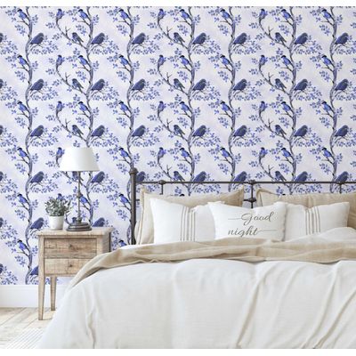 Papel de Parede Autoadesivo Removível Azul com Pássaros em Galho, Vinil DIY para Parede de Destaque na Entrada, Decoração - S4sassy 63,5 cm (L) × 914,4 cm (C) / Azul - Vinil Liso