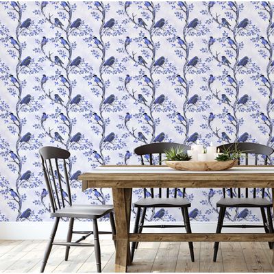 Papel de Parede Autoadesivo Removível Azul com Pássaros em Galho, Vinil DIY para Parede de Destaque na Entrada, Decoração - S4sassy 63,5 cm (L) × 914,4 cm (C) / Azul - Vinil Liso