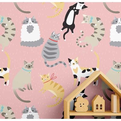 Papel de Parede Vinil Autoadesivo Estampa de Gato À Prova d'Água Rosa Removível para Quarto Infantil/Bebê/Brinquedoteca - S4Sassy 63,5 cm (L) × 914,4 cm (C) / Rosa - Vinil Texturizado