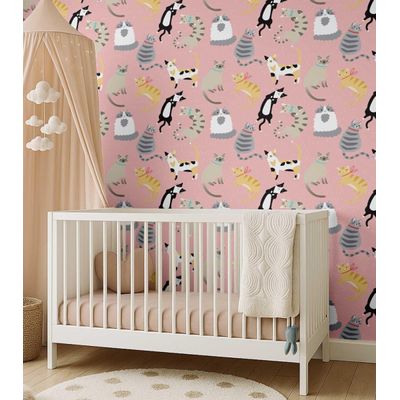 Papel de Parede Vinil Autoadesivo Estampa de Gato À Prova d'Água Rosa Removível para Quarto Infantil/Bebê/Brinquedoteca - S4Sassy 63,5 cm (L) × 914,4 cm (C) / Rosa - Vinil Texturizado
