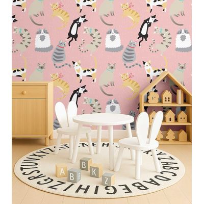 Papel de Parede Vinil Autoadesivo Estampa de Gato À Prova d'Água Rosa Removível para Quarto Infantil/Bebê/Brinquedoteca - S4Sassy 63,5 cm (L) × 914,4 cm (C) / Rosa - Vinil Texturizado