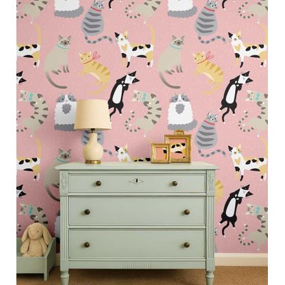 Papel de Parede Vinil Autoadesivo Estampa de Gato À Prova d'Água Rosa Removível para Quarto Infantil/Bebê/Brinquedoteca - S4Sassy 63,5 cm (L) × 914,4 cm (C) / Rosa - Vinil Texturizado