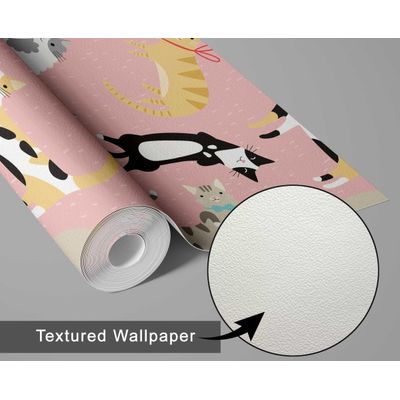 Papel de Parede Vinil Autoadesivo Estampa de Gato À Prova d'Água Rosa Removível para Quarto Infantil/Bebê/Brinquedoteca - S4Sassy 63,5 cm (L) × 914,4 cm (C) / Rosa - Vinil Texturizado