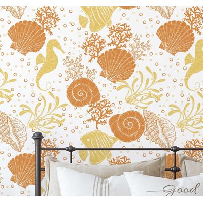 Papel de Parede Autoadesivo para Quarto Infantil Subaquático com Cavalo-Marinho e Conchas Vinil Impermeável Laranja Removível - S4Sassy 63,5 cm (L) × 914,4 cm (C) / Laranja - Vinil Texturizado