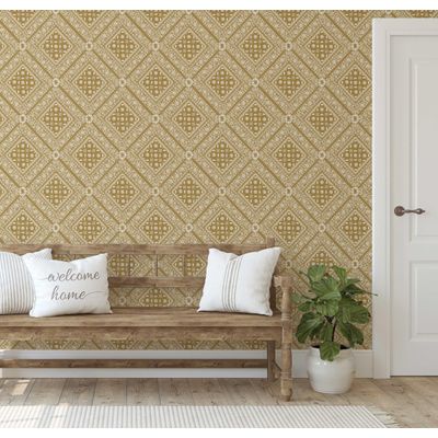 Papel de Parede Bandhani Tipo Azulejo Estilo Asiático, Autoadesivo, Decorativo, DIY Fácil para Quarto e Sala - Amarelo - S4Sassy 63,5 cm (L) × 609,6 cm (C) / Amarelo - Vinil Texturizado