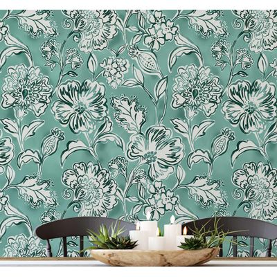 Papel de Parede Vinílico Autoadesivo Destacável Floral Jardim, Mural Estilo Asiático para Banheiro, Lavanderia e Closet - S4Sassy 63,5 cm (L) × 152,4 cm (C) / Verde - Vinil Liso