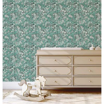 Papel de Parede Vinílico Autoadesivo Destacável Floral Jardim, Mural Estilo Asiático para Banheiro, Lavanderia e Closet - S4Sassy 63,5 cm (L) × 152,4 cm (C) / Verde - Vinil Liso