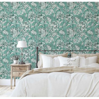 Papel de Parede Vinílico Autoadesivo Destacável Floral Jardim, Mural Estilo Asiático para Banheiro, Lavanderia e Closet - S4Sassy 63,5 cm (L) × 152,4 cm (C) / Verde - Vinil Liso