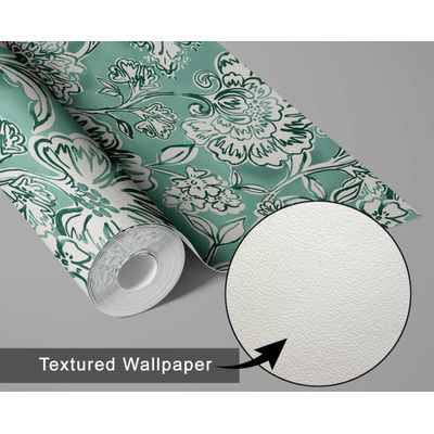Papel de Parede Vinílico Autoadesivo Destacável Floral Jardim, Mural Estilo Asiático para Banheiro, Lavanderia e Closet - S4Sassy 63,5 cm (L) × 609,6 cm (C) / Verde - Vinil Texturizado