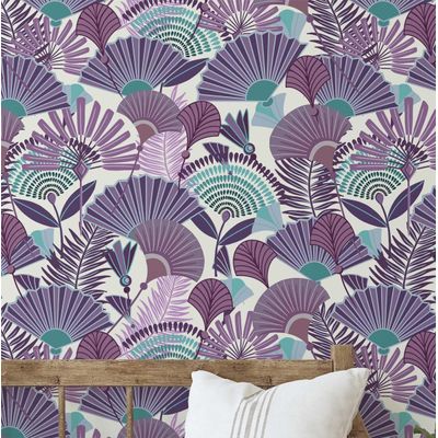 Papel de Parede Autoadesivo Folha de Palmeira Tropical Removível Roxo, Mural Instantâneo para Quarto, Banheiro, Lavanderia, Closet - S4Sassy 63,5 cm (L) × 609,6 cm (C) / Roxo - Vinil Texturizado