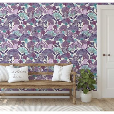 Papel de Parede Autoadesivo Folha de Palmeira Tropical Removível Roxo, Mural Instantâneo para Quarto, Banheiro, Lavanderia, Closet - S4Sassy 63,5 cm (L) × 609,6 cm (C) / Roxo - Vinil Texturizado