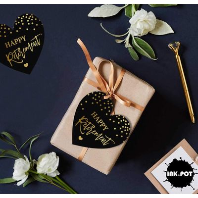 Tag de Papel 'Happy Retirement' para Lembrancinha, Tag Artesanal com Folha Metalizada para Pendurar - Inkdotpot 100 Etiquetas Metalizadas / Preto - Dourado