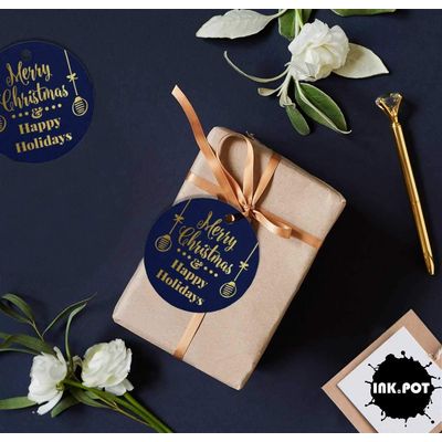 Etiquetas para Pendurar de Papel Metalizado Feliz Natal e Boas Festas para Lembrancinhas - Inkdotpot 100 Etiquetas Metalizadas / Azul - Dourado