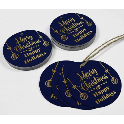 Etiquetas para Pendurar de Papel Metalizado Feliz Natal e Boas Festas para Lembrancinhas - Inkdotpot 100 Etiquetas Metalizadas / Azul - Dourado