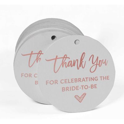 Etiquetas de Papel Pendentes para Lembrancinhas de Chá de Noiva com Foil 'Obrigada por Celebrar a Futura Noiva' - Inkdotpot 100 Etiquetas Metalizadas / Branco - Ouro Rosé