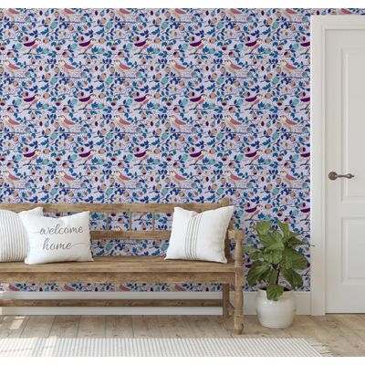 Papel de Parede Autoadesivo Pássaros e Frutas Azul, Vinil Removível DIY, para Parede de Destaque na Entrada, Solução Fácil - S4sassy 63,5 cm (L) × 304,8 cm (C) / Azul - Vinil Liso