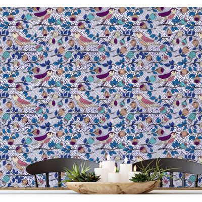 Papel de Parede Autoadesivo Pássaros e Frutas Azul, Vinil Removível DIY, para Parede de Destaque na Entrada, Solução Fácil - S4sassy 63,5 cm (L) × 304,8 cm (C) / Azul - Vinil Liso