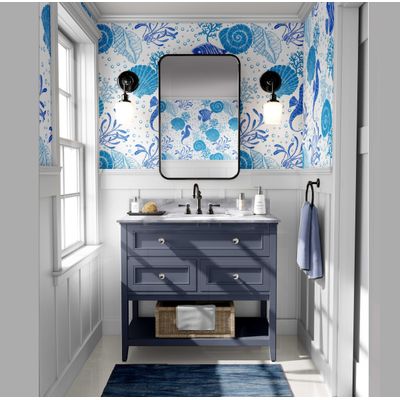 Papel de Parede Autocolante Vinílico Impermeável Azul com Cavalo-Marinho e Conchas, Removível para Quarto de Bebê e Brinquedoteca - S4Sassy 63,5 cm (L) × 304,8 cm (C) / Azul - Vinil Liso